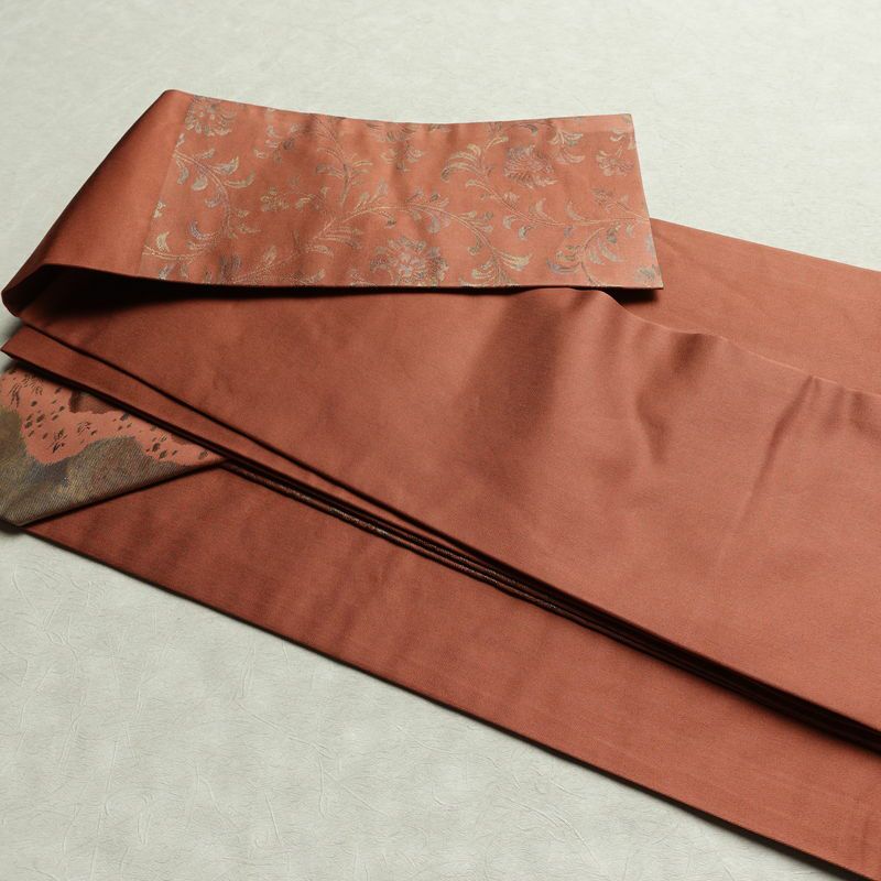名古屋帯 六通柄 美品 正絹 木の葉・植物柄 名古屋仕立て なごや帯 リサイクル帯 帯 箔 茶_画像21