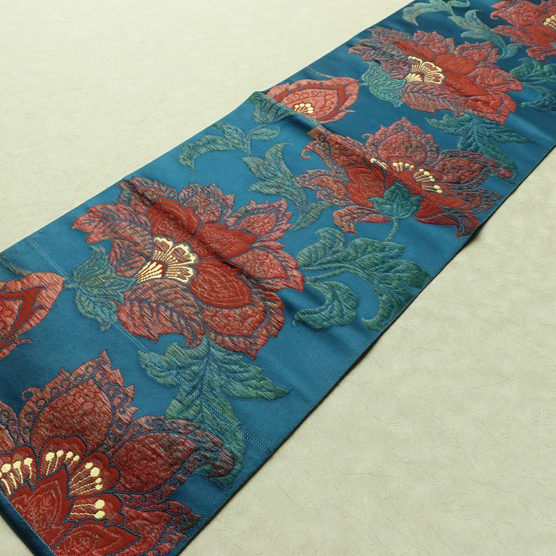 名古屋帯 六通柄 良品 正絹 花柄 名古屋仕立て なごや帯 リサイクル帯 帯 青・紺_画像10