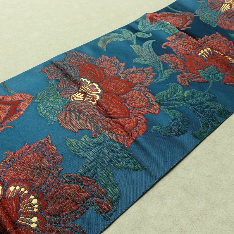 名古屋帯 六通柄 良品 正絹 花柄 名古屋仕立て なごや帯 リサイクル帯 帯 青・紺_画像13