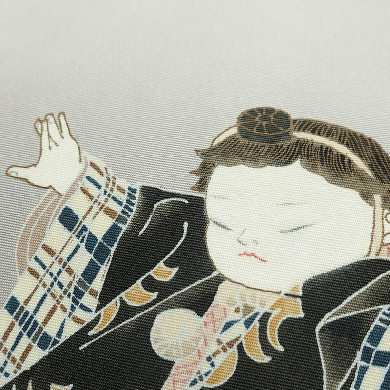 名古屋帯 太鼓柄 落款入り 正絹 人物・動物柄 通し仕立て なごや帯 リサイクル帯 帯 シンプル 扇子 グレー_画像3