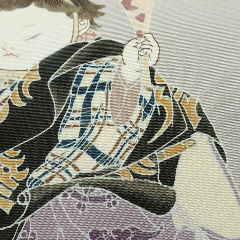 名古屋帯 太鼓柄 落款入り 正絹 人物・動物柄 通し仕立て なごや帯 リサイクル帯 帯 シンプル 扇子 グレー_画像4