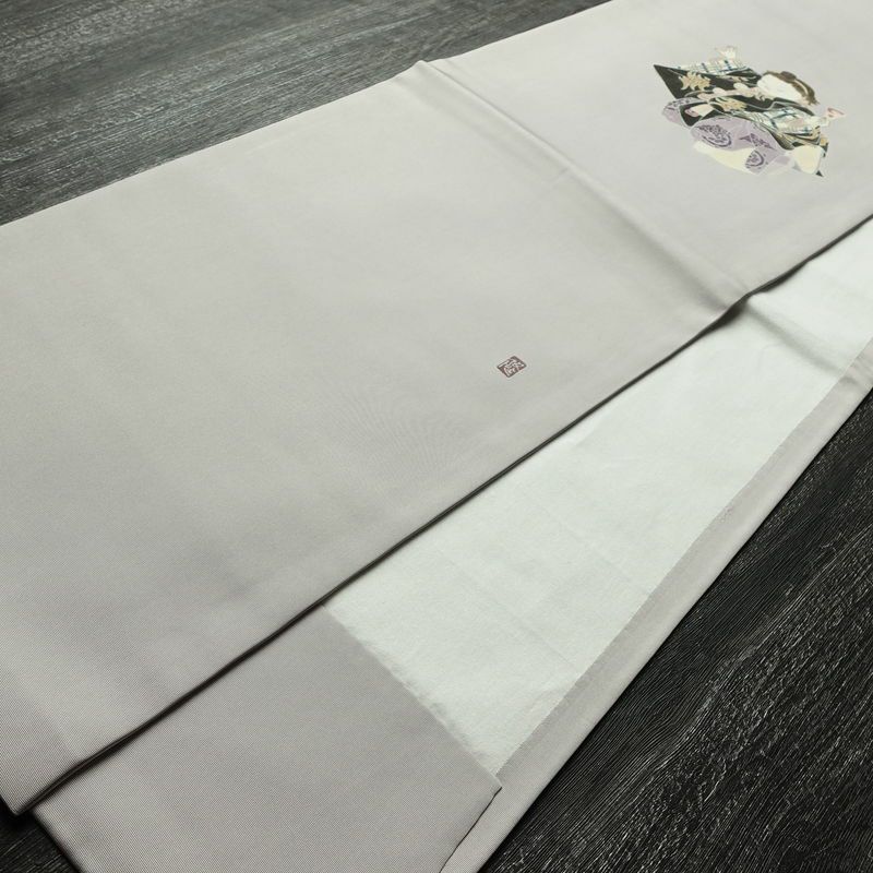 名古屋帯 太鼓柄 落款入り 正絹 人物・動物柄 通し仕立て なごや帯 リサイクル帯 帯 シンプル 扇子 グレー_画像8