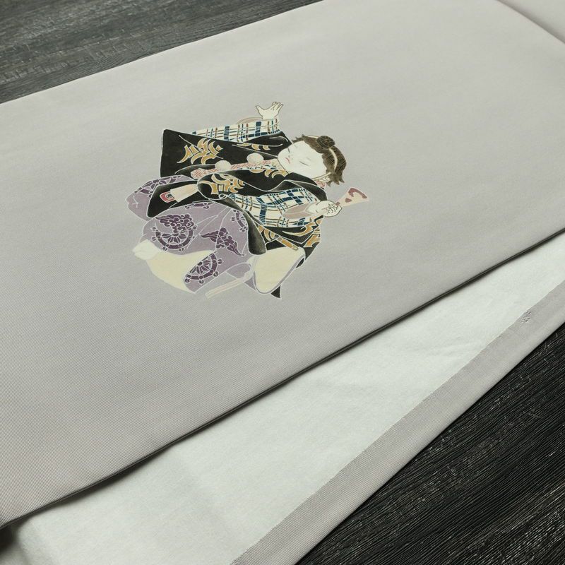 名古屋帯 太鼓柄 落款入り 正絹 人物・動物柄 通し仕立て なごや帯 リサイクル帯 帯 シンプル 扇子 グレー_画像11