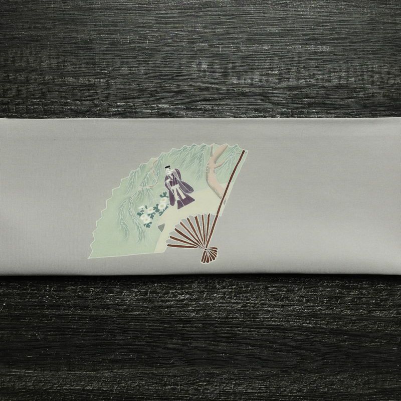 名古屋帯 太鼓柄 落款入り 正絹 人物・動物柄 通し仕立て なごや帯 リサイクル帯 帯 シンプル 扇子 グレー_画像15