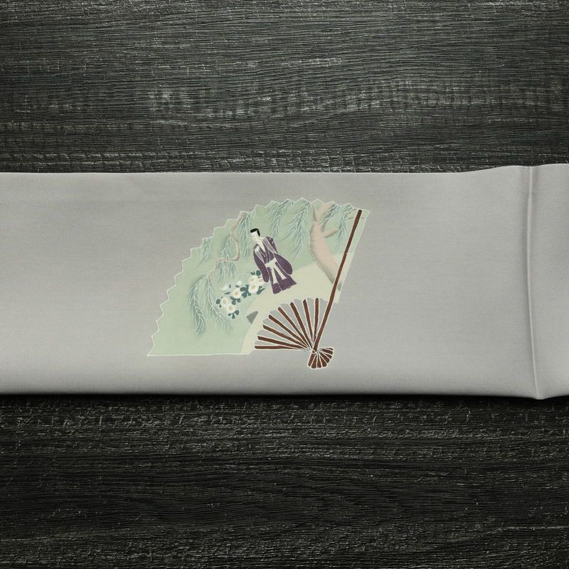 名古屋帯 太鼓柄 落款入り 正絹 人物・動物柄 通し仕立て なごや帯 リサイクル帯 帯 シンプル 扇子 グレー_画像16