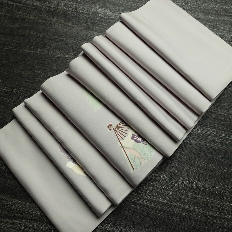 名古屋帯 太鼓柄 落款入り 正絹 人物・動物柄 通し仕立て なごや帯 リサイクル帯 帯 シンプル 扇子 グレー_画像18