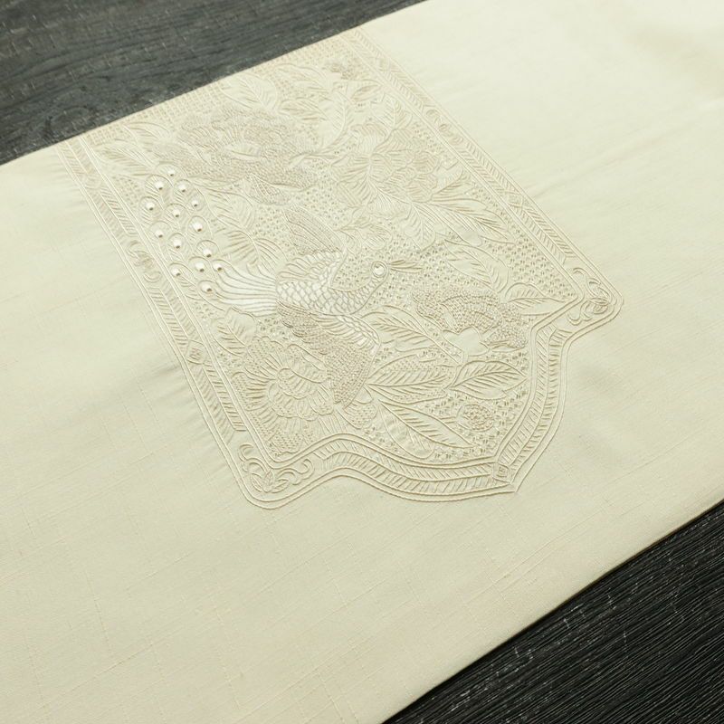 名古屋帯 太鼓柄 スワトウ刺繍 正絹 古典柄 名古屋仕立て なごや帯 リサイクル帯 帯 刺繍 おしゃれ 上品 白_画像13