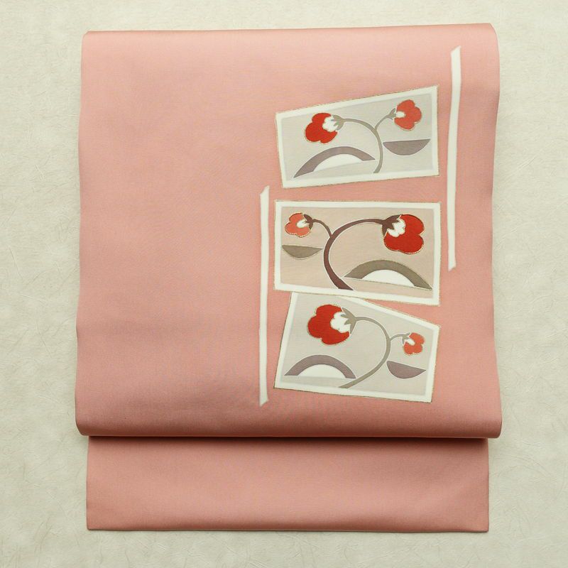名古屋帯 太鼓柄 金駒刺繍 正絹 花柄 名古屋仕立て なごや帯 リサイクル帯 帯 金彩 ピンク_画像1