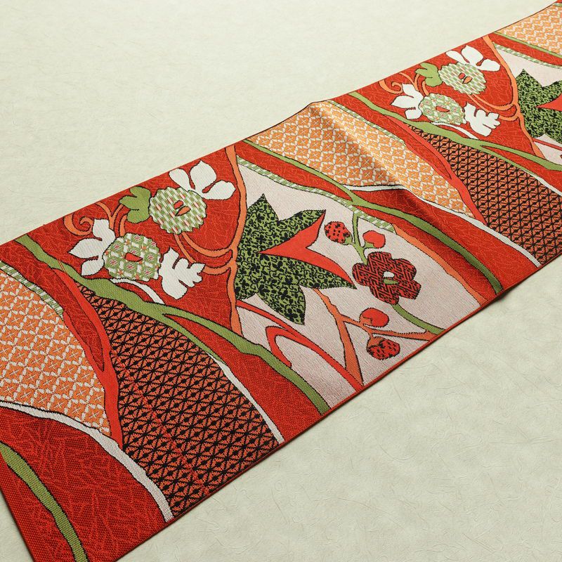 名古屋帯 六通柄 美品 正絹 木の葉・植物柄 松葉仕立て なごや帯 リサイクル帯 帯 赤・朱_画像9