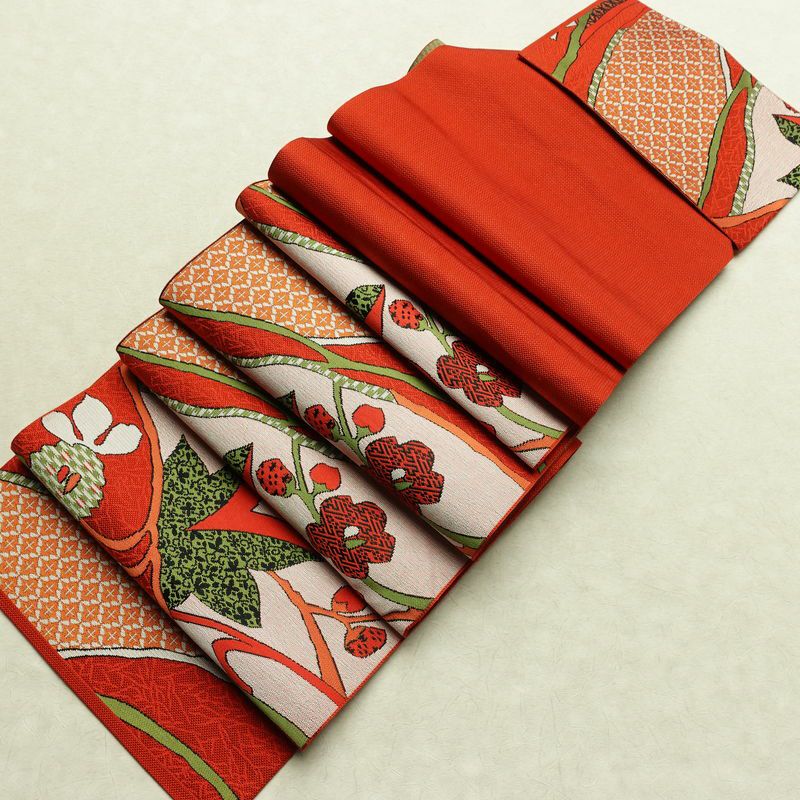 名古屋帯 六通柄 美品 正絹 木の葉・植物柄 松葉仕立て なごや帯 リサイクル帯 帯 赤・朱_画像18