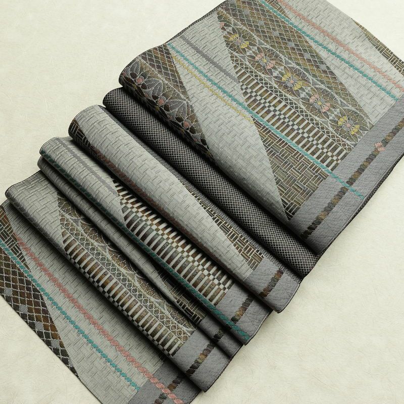 名古屋帯 六通柄 美品 正絹 幾何学柄・抽象柄 通し仕立て なごや帯 リサイクル帯 帯 未使用品 多色使い_画像19