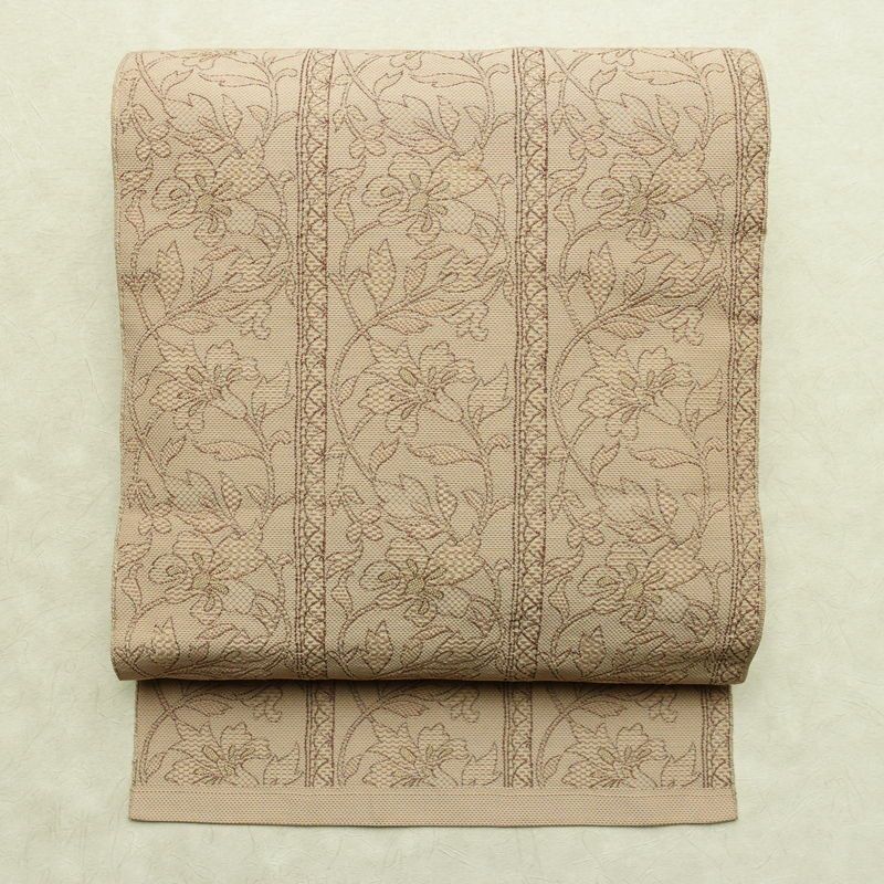 名古屋帯 六通柄 正絹 花柄 名古屋仕立て なごや帯 リサイクル帯 帯 ベージュ_画像1