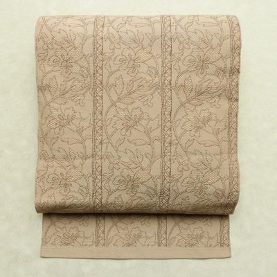 名古屋帯 六通柄 正絹 花柄 名古屋仕立て なごや帯 リサイクル帯 帯 ベージュ