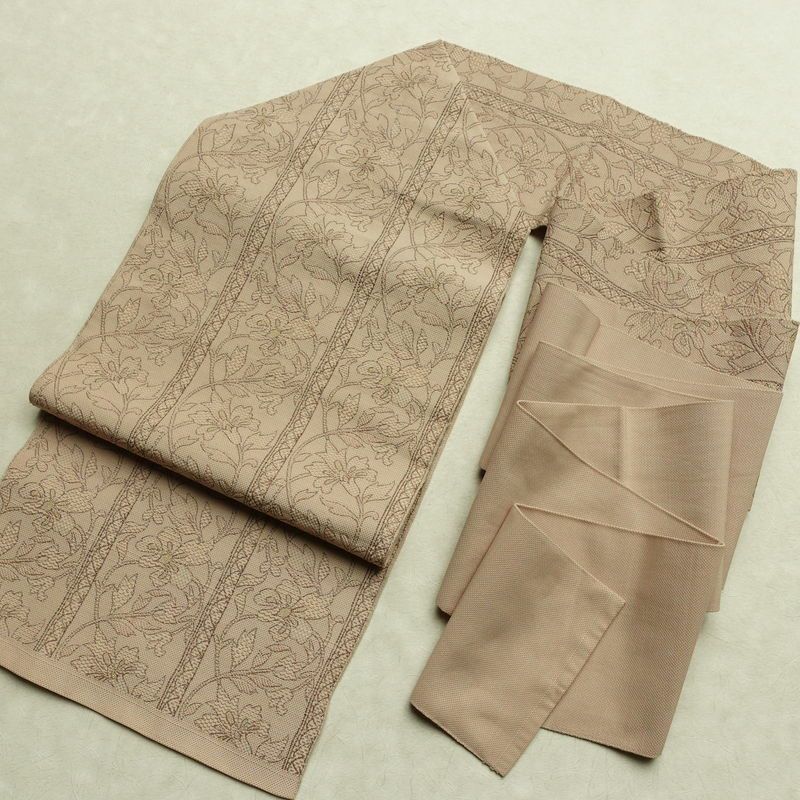 名古屋帯 六通柄 正絹 花柄 名古屋仕立て なごや帯 リサイクル帯 帯 ベージュ_画像18