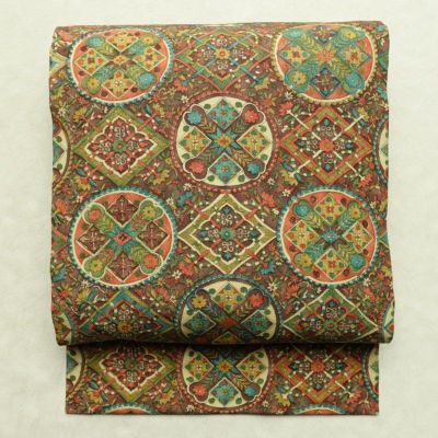 名古屋帯 全通柄 正絹 名古屋仕立て なごや帯 リサイクル帯 帯 茶