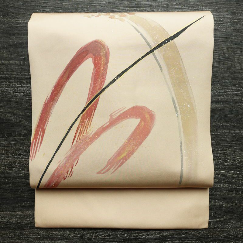 名古屋帯 太鼓柄 美品 正絹 幾何学柄・抽象柄 名古屋仕立て なごや帯 リサイクル帯 帯 箔 シンプル ベージュ_画像1