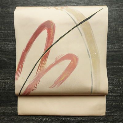 名古屋帯 太鼓柄 美品 正絹 幾何学柄・抽象柄 名古屋仕立て なごや帯 リサイクル帯 帯 箔 シンプル ベージュ