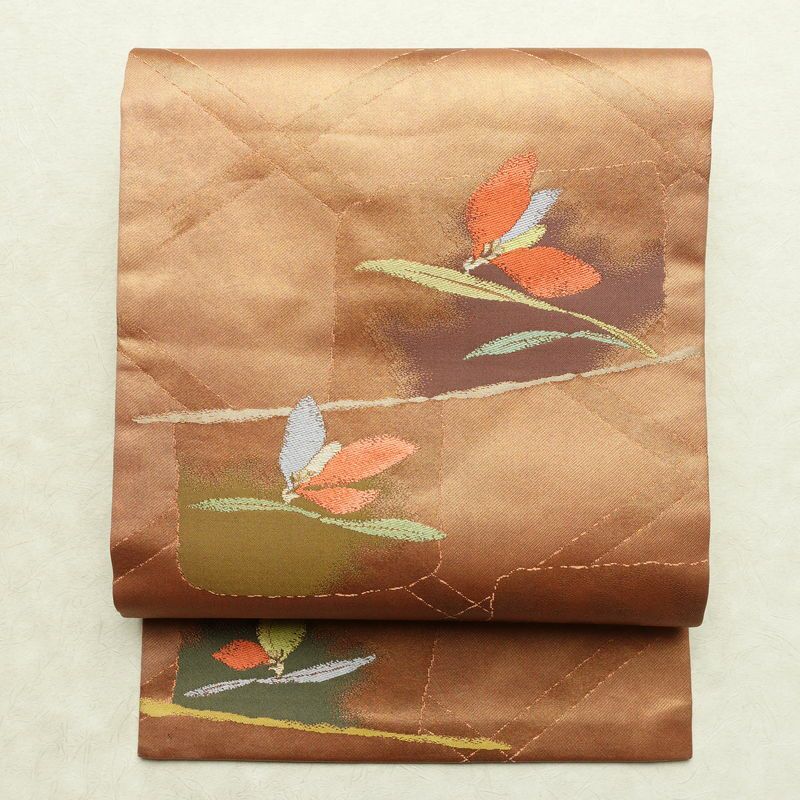 名古屋帯 六通柄 良品 正絹 花柄 名古屋仕立て なごや帯 リサイクル帯 帯 箔 淡橙 薄オレンジ 橙_画像1