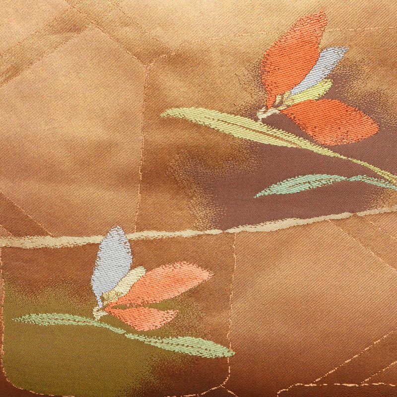 名古屋帯 六通柄 良品 正絹 花柄 名古屋仕立て なごや帯 リサイクル帯 帯 箔 淡橙 薄オレンジ 橙_画像2