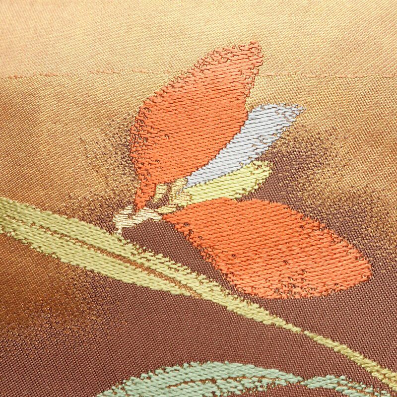 名古屋帯 六通柄 良品 正絹 花柄 名古屋仕立て なごや帯 リサイクル帯 帯 箔 淡橙 薄オレンジ 橙_画像3