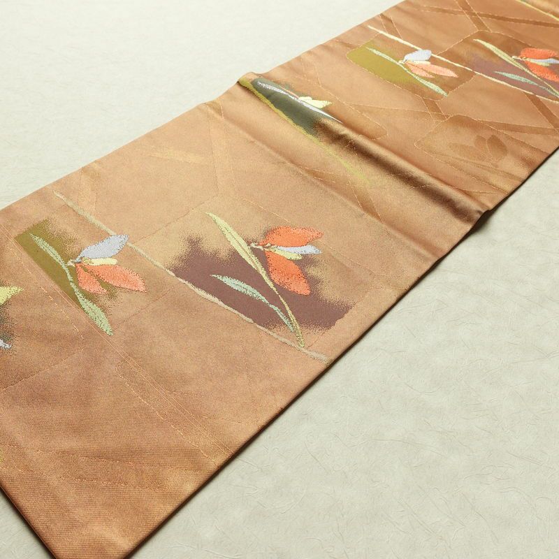 名古屋帯 六通柄 良品 正絹 花柄 名古屋仕立て なごや帯 リサイクル帯 帯 箔 淡橙 薄オレンジ 橙_画像11