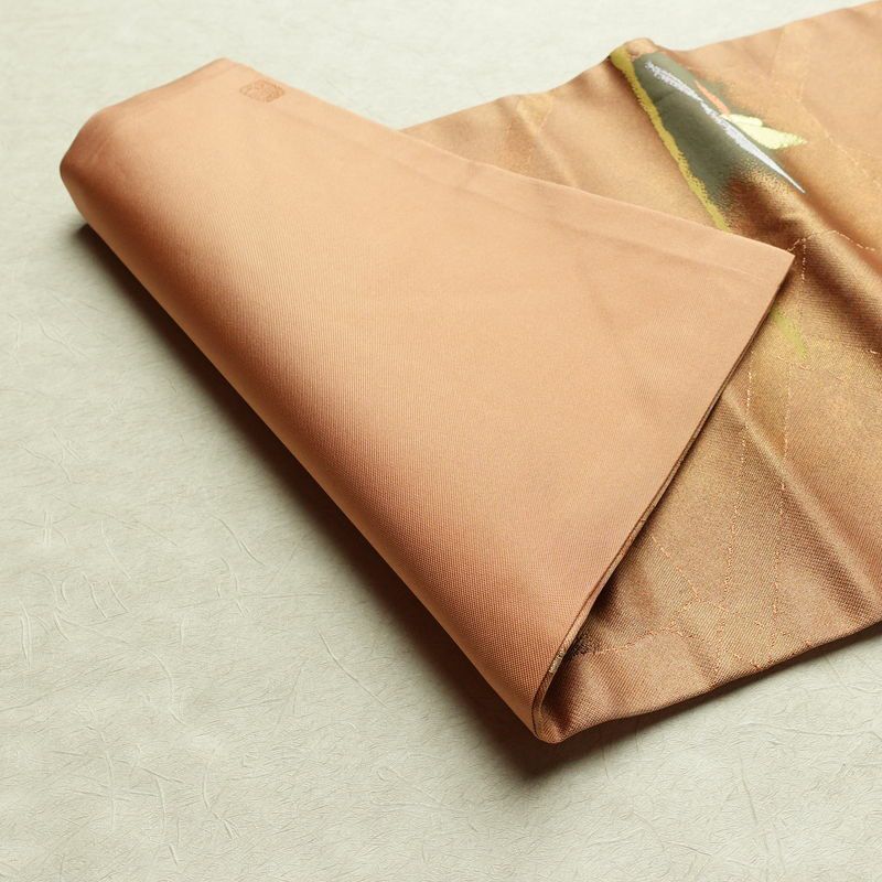 名古屋帯 六通柄 良品 正絹 花柄 名古屋仕立て なごや帯 リサイクル帯 帯 箔 淡橙 薄オレンジ 橙_画像12