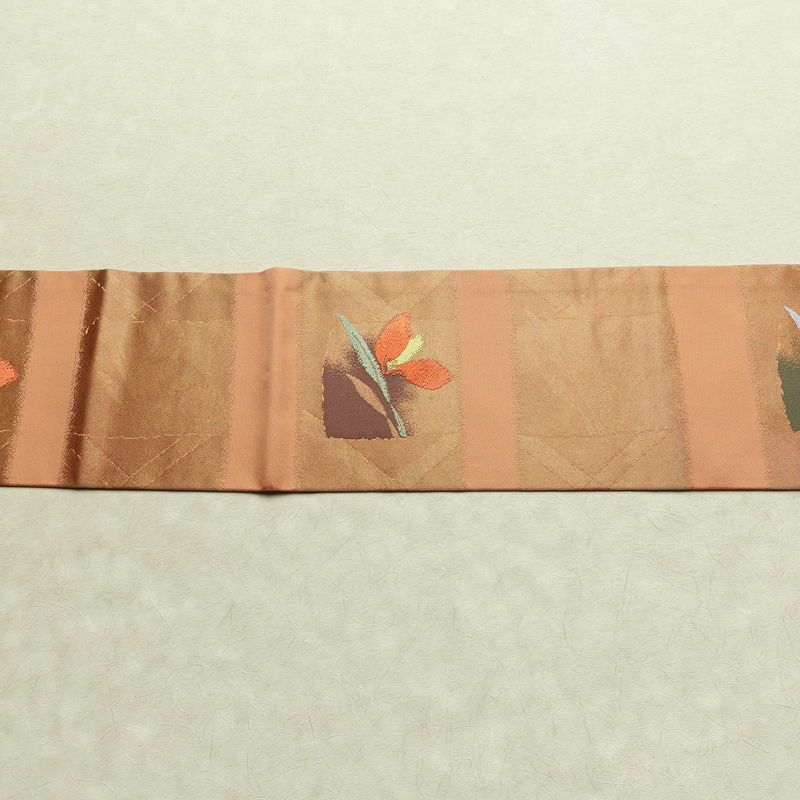 名古屋帯 六通柄 良品 正絹 花柄 名古屋仕立て なごや帯 リサイクル帯 帯 箔 淡橙 薄オレンジ 橙_画像16