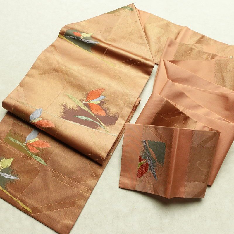 名古屋帯 六通柄 良品 正絹 花柄 名古屋仕立て なごや帯 リサイクル帯 帯 箔 淡橙 薄オレンジ 橙_画像18