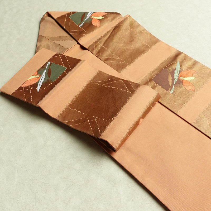 名古屋帯 六通柄 良品 正絹 花柄 名古屋仕立て なごや帯 リサイクル帯 帯 箔 淡橙 薄オレンジ 橙_画像21