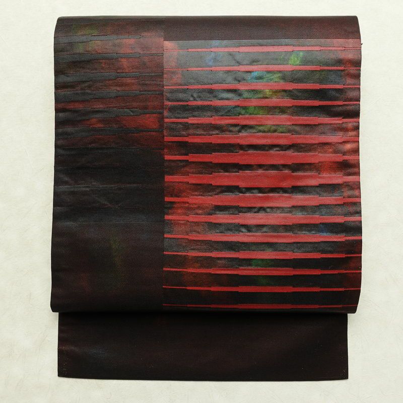 名古屋帯 太鼓柄 正絹 幾何学柄・抽象柄 名古屋仕立て なごや帯 リサイクル帯 帯 箔 モダン 茶_画像1