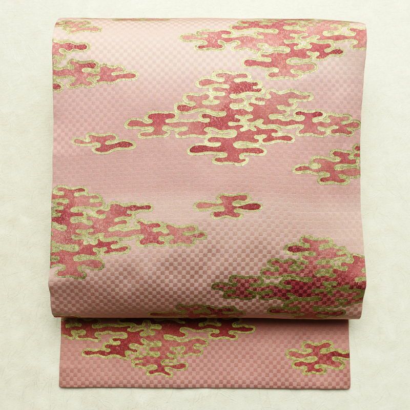 名古屋帯 太鼓柄 良品 正絹 幾何学柄・抽象柄 名古屋仕立て なごや帯 リサイクル帯 帯 箔 ピンク