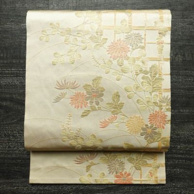 名古屋帯 太鼓柄 正絹 古典柄 名古屋仕立て 箔 刺繍 金糸 帯 ベージュ