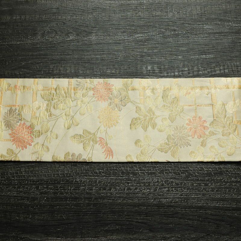 名古屋帯 六通柄 正絹 花柄 名古屋仕立て なごや帯 リサイクル帯 帯 箔 金糸 ベージュ_画像13