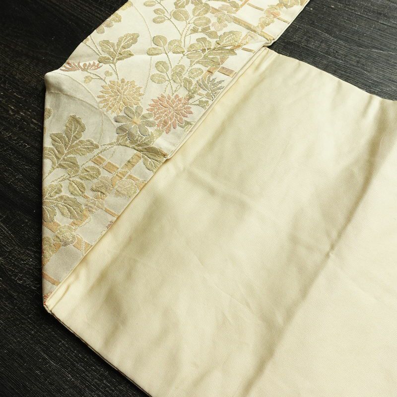 名古屋帯 六通柄 正絹 花柄 名古屋仕立て なごや帯 リサイクル帯 帯 箔 金糸 ベージュ_画像19