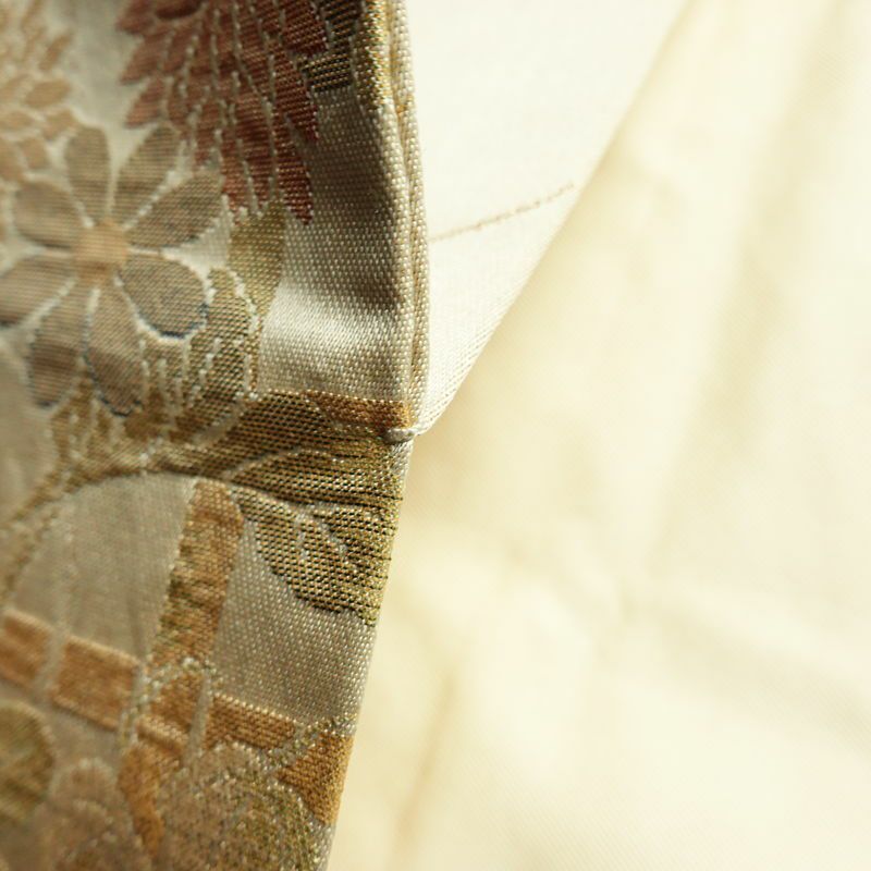 名古屋帯 六通柄 正絹 花柄 名古屋仕立て なごや帯 リサイクル帯 帯 箔 金糸 ベージュ_画像20