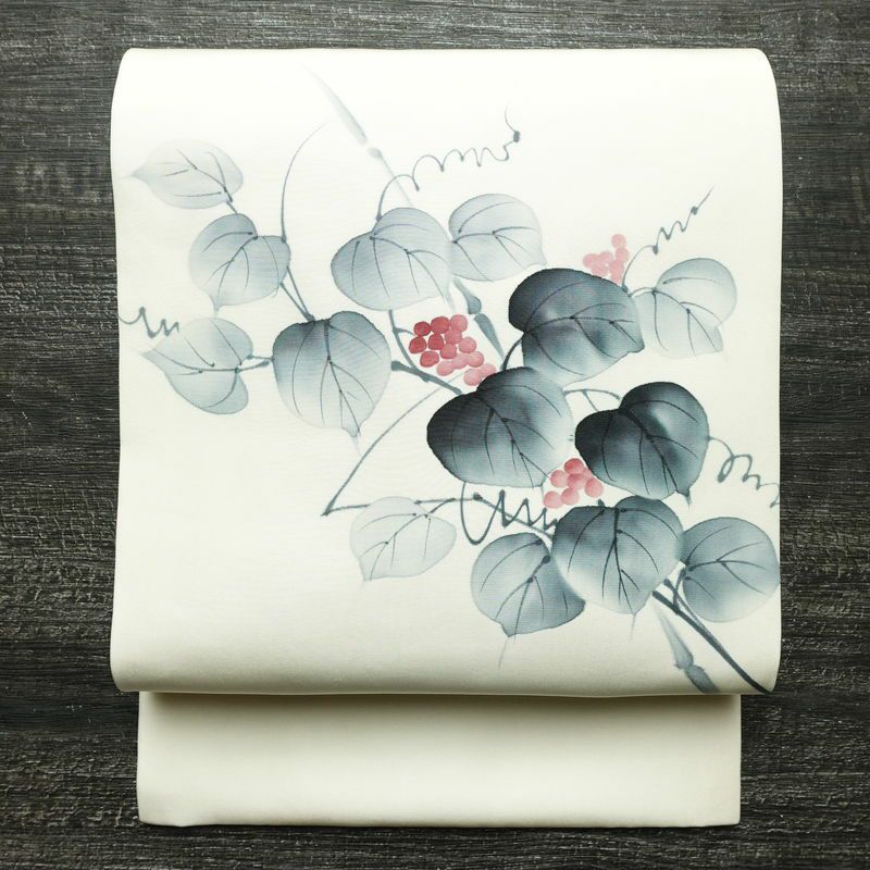 名古屋帯 太鼓柄 良品 落款入り 正絹 木の葉・植物柄 名古屋仕立て なごや帯 リサイクル帯 帯 白_画像1