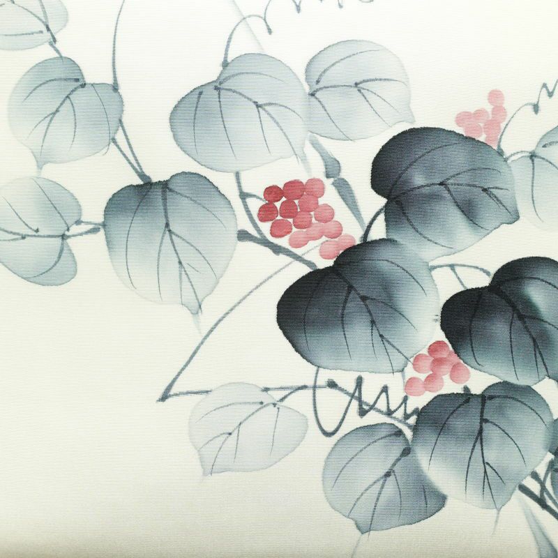 名古屋帯 太鼓柄 良品 落款入り 正絹 木の葉・植物柄 名古屋仕立て なごや帯 リサイクル帯 帯 白_画像2