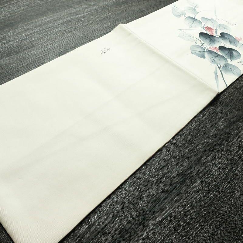 名古屋帯 太鼓柄 良品 落款入り 正絹 木の葉・植物柄 名古屋仕立て なごや帯 リサイクル帯 帯 白_画像8