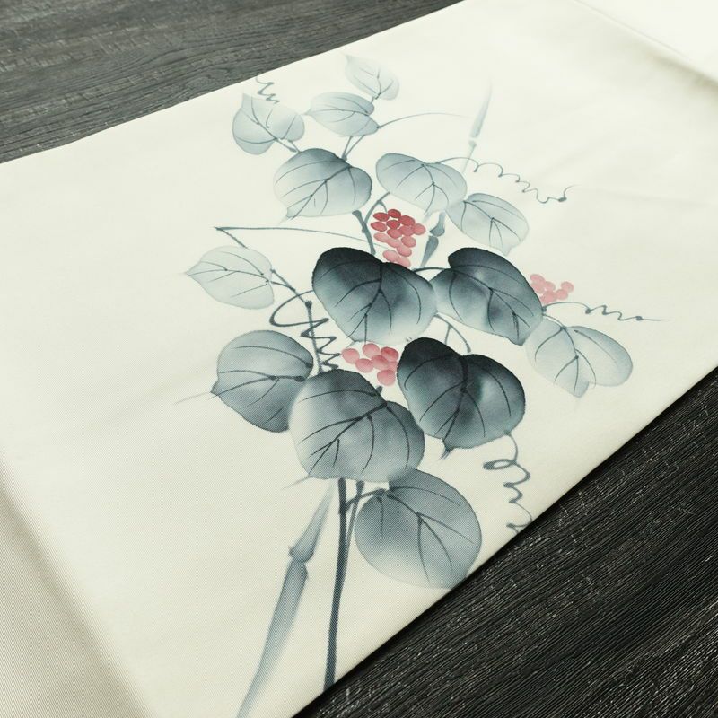 名古屋帯 太鼓柄 良品 落款入り 正絹 木の葉・植物柄 名古屋仕立て なごや帯 リサイクル帯 帯 白_画像10