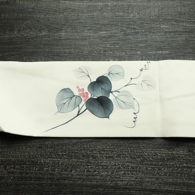 名古屋帯 太鼓柄 良品 落款入り 正絹 木の葉・植物柄 名古屋仕立て なごや帯 リサイクル帯 帯 白_画像11