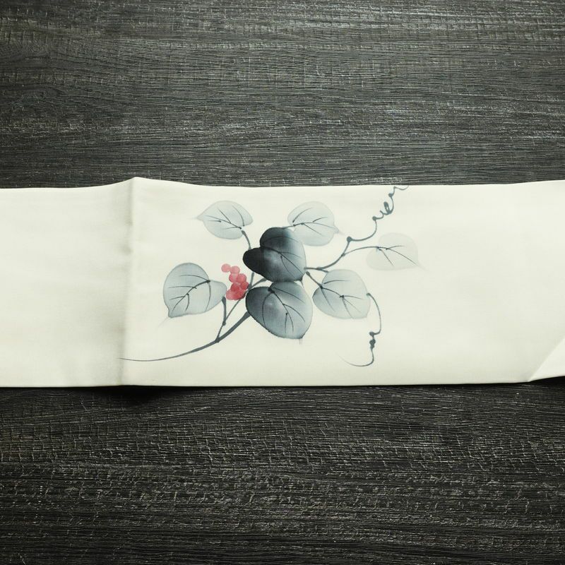 名古屋帯 太鼓柄 良品 落款入り 正絹 木の葉・植物柄 名古屋仕立て なごや帯 リサイクル帯 帯 白_画像12