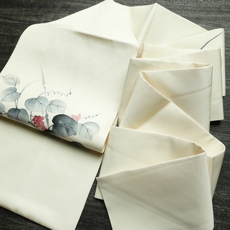 名古屋帯 太鼓柄 良品 落款入り 正絹 木の葉・植物柄 名古屋仕立て なごや帯 リサイクル帯 帯 白_画像16