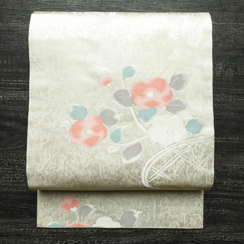 名古屋帯 六通柄 正絹 花柄 名古屋仕立て なごや帯 リサイクル帯 帯 箔 白_画像1