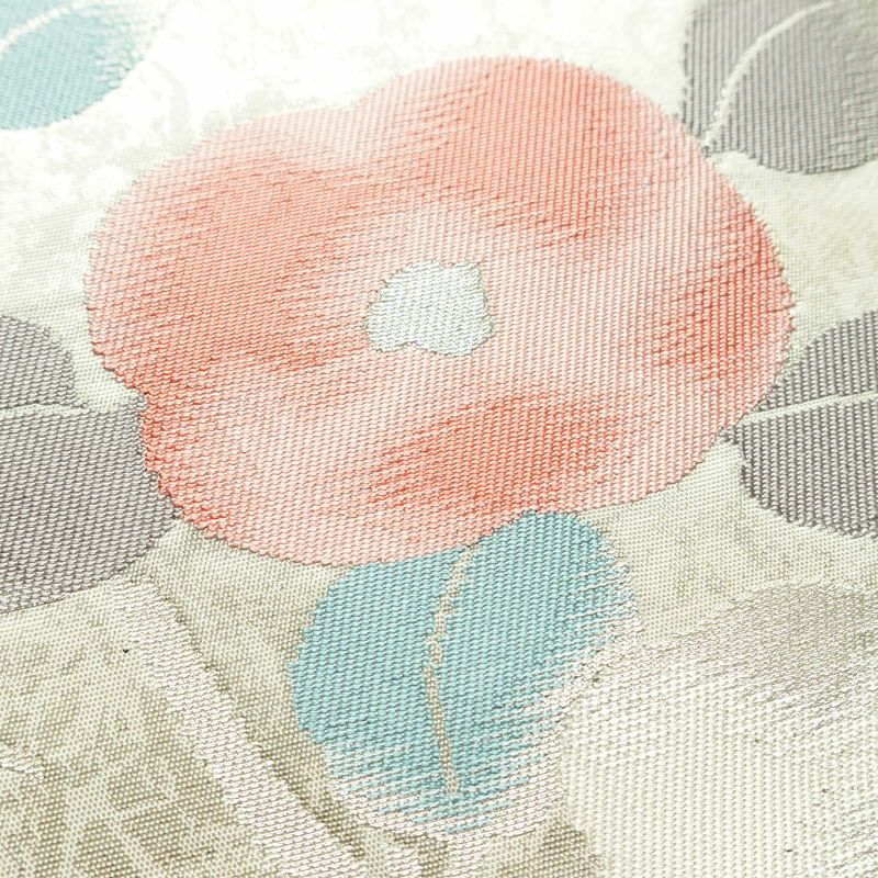 名古屋帯 六通柄 正絹 花柄 名古屋仕立て なごや帯 リサイクル帯 帯 箔 白_画像3