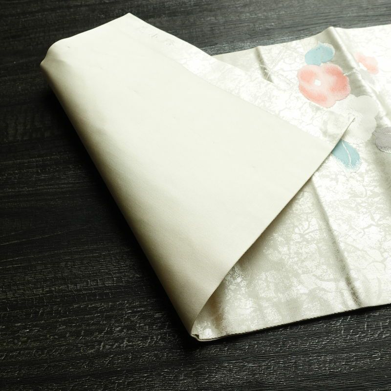 名古屋帯 六通柄 正絹 花柄 名古屋仕立て なごや帯 リサイクル帯 帯 箔 白_画像10