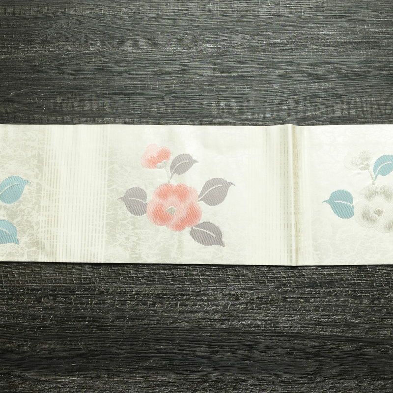 名古屋帯 六通柄 正絹 花柄 名古屋仕立て なごや帯 リサイクル帯 帯 箔 白_画像13