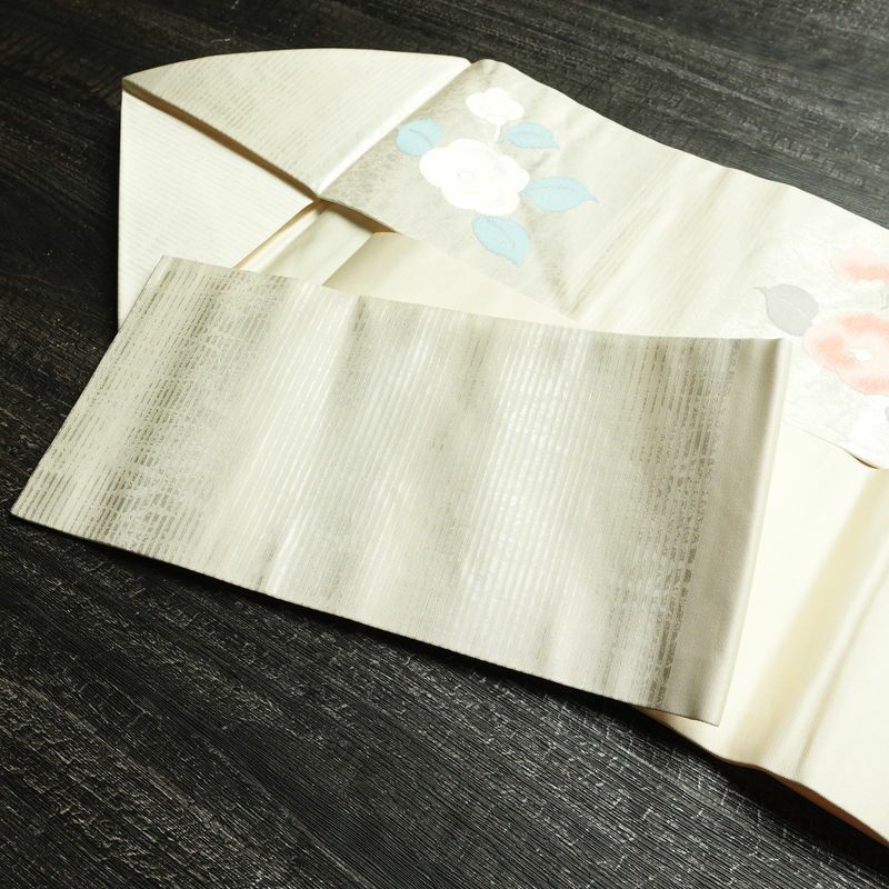 名古屋帯 六通柄 正絹 花柄 名古屋仕立て なごや帯 リサイクル帯 帯 箔 白_画像21