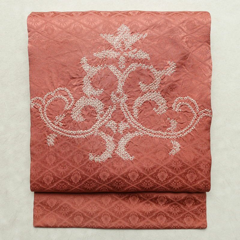 名古屋帯 太鼓柄 絞り 正絹 幾何学柄・抽象柄 名古屋仕立て なごや帯 リサイクル帯 帯 ピンク_画像1