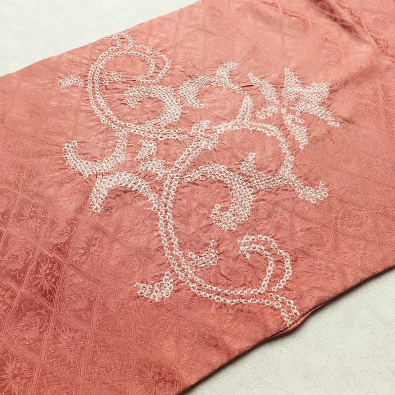 名古屋帯 太鼓柄 絞り 正絹 幾何学柄・抽象柄 名古屋仕立て なごや帯 リサイクル帯 帯 ピンク_画像10