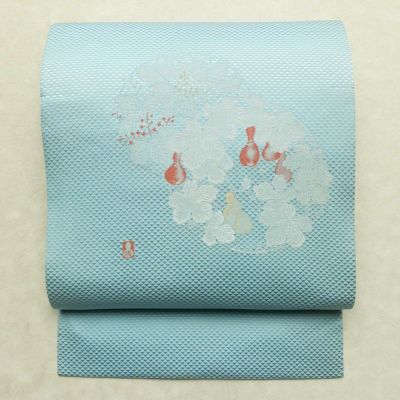 名古屋帯 太鼓柄 正絹 木の葉・植物柄 名古屋仕立て なごや帯 リサイクル帯 帯 金糸 銀糸 青・紺